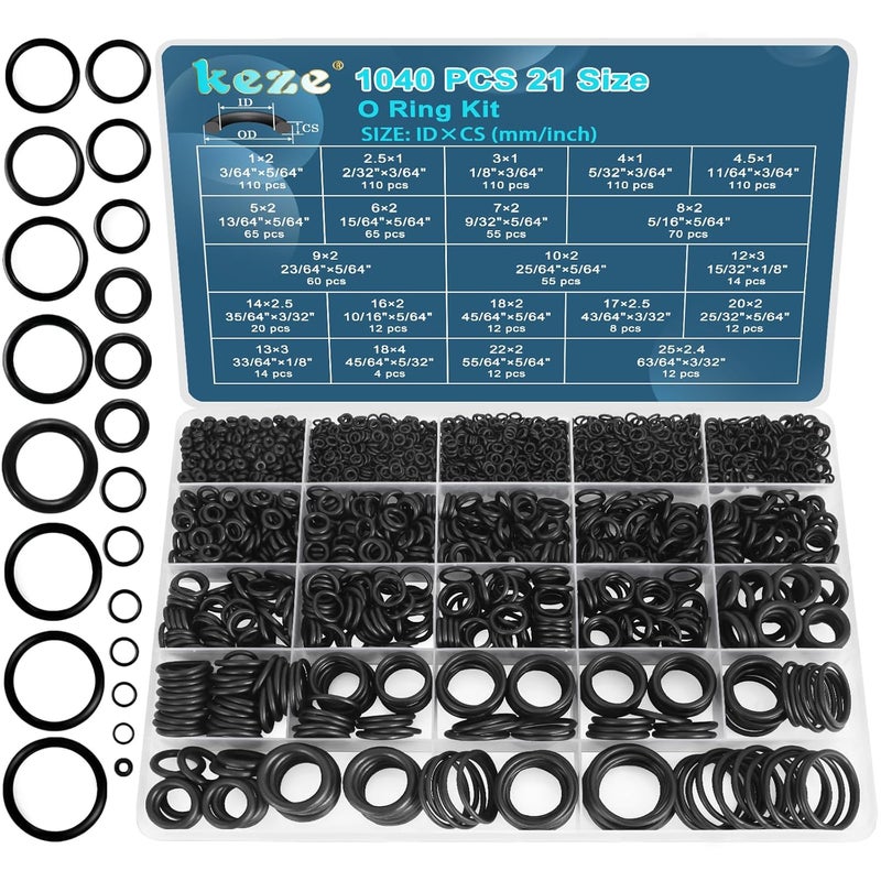 Keze 1040 Pcs O Ring Kit 21 Size Universal Nitrile Rubber O Ring Assortment Set for Automotive Vehicle Repair Faucet Plumbing Air or Gas Sealing Connections Resist Oil and Heat - Image 1